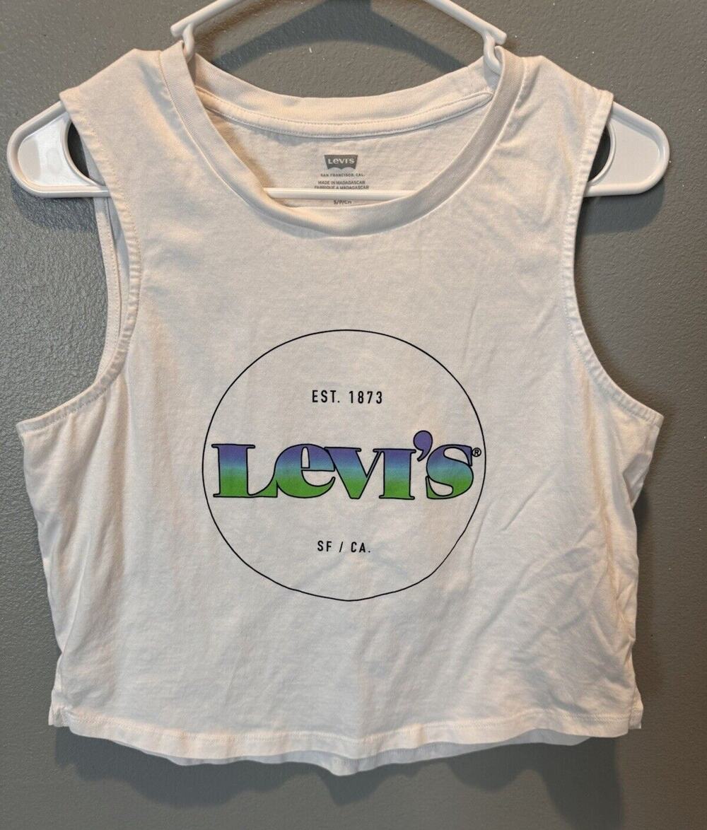 Levis Cropped Muscle Tank Size Small Women's White Logo 100% Cotton